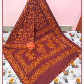Batik Sarees Wax Print Sungudi cotton sarees-MAROON-ORANGE COLOUR