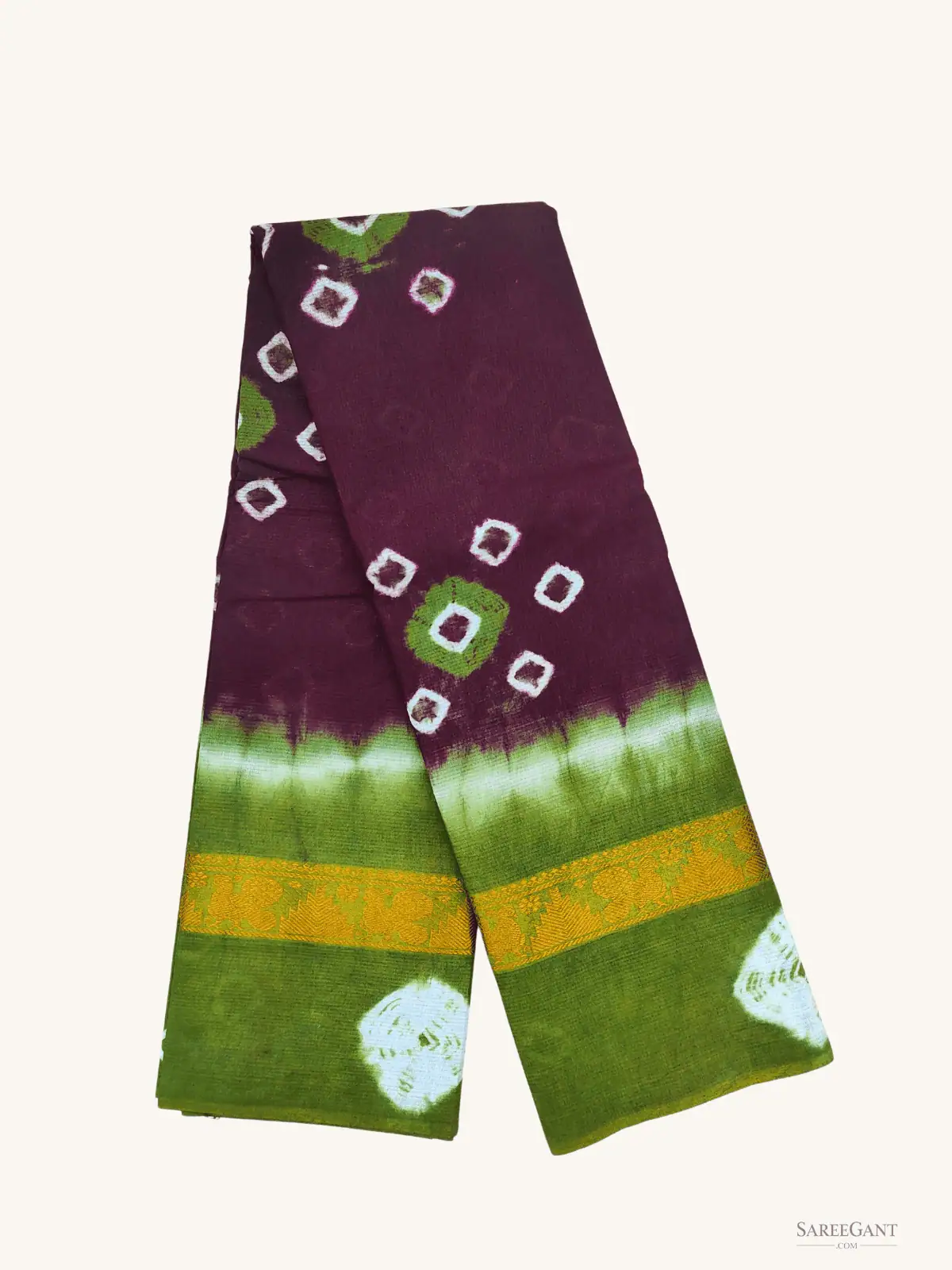 OneLine Bandhini Sungudi Cotton Sarees-Marron-Green colour