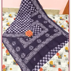 Chessboard Wax Print sungudi cotton sarees-blue- Colour