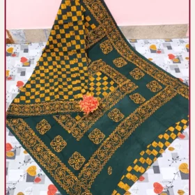 Chessboard Wax Print sungudi cotton sarees-dgreen- Colour