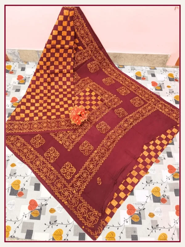 Chessboard Wax Print sungudi cotton sarees-Deep maroon - Colour