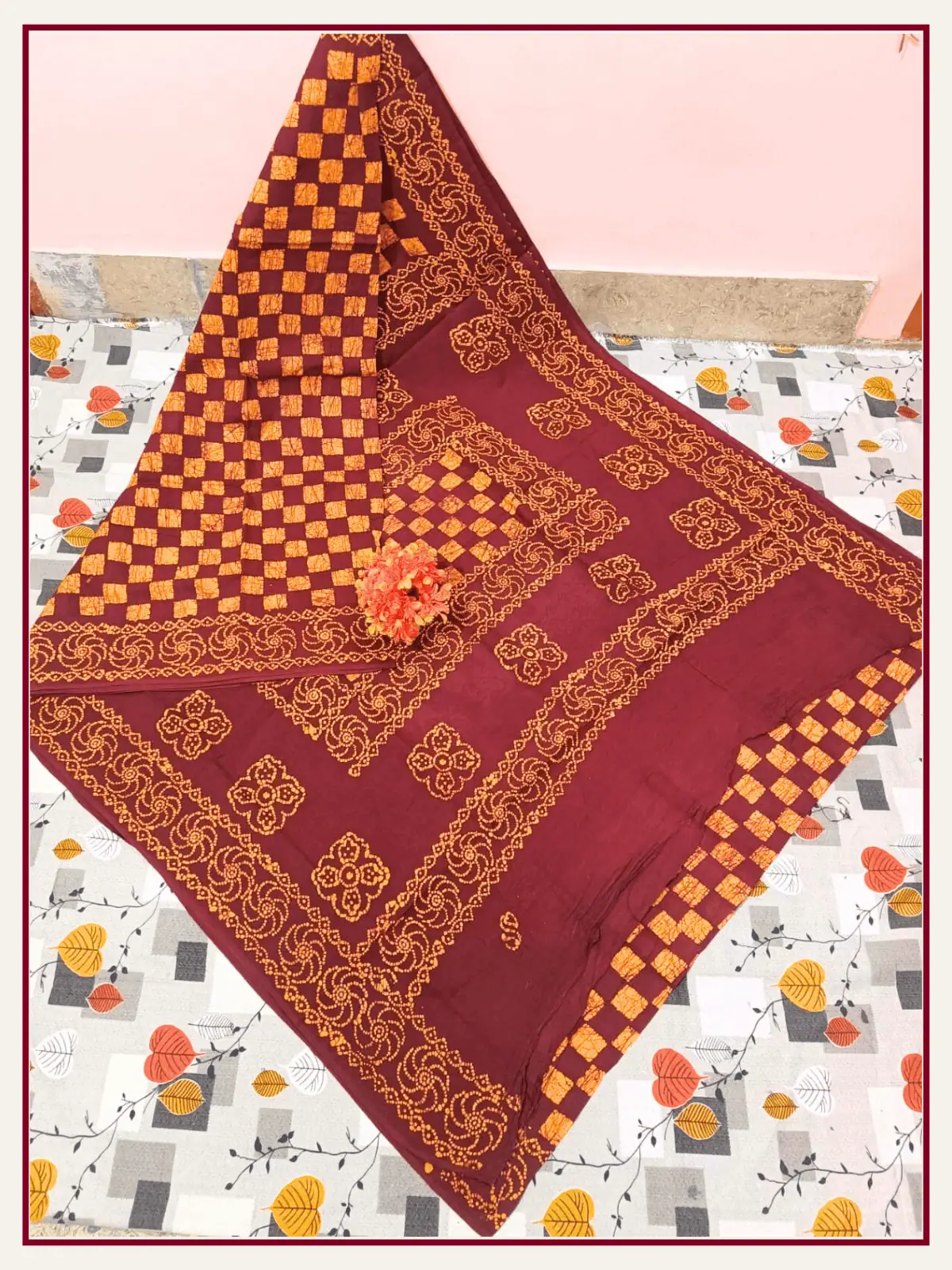 Chessboard Wax Print sungudi cotton sarees-Deep maroon - Colour