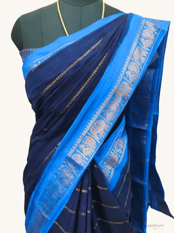 Madurai Raja Veldhari Sungudi Cotton Sarees Dark Navyblue-Skyblue colour