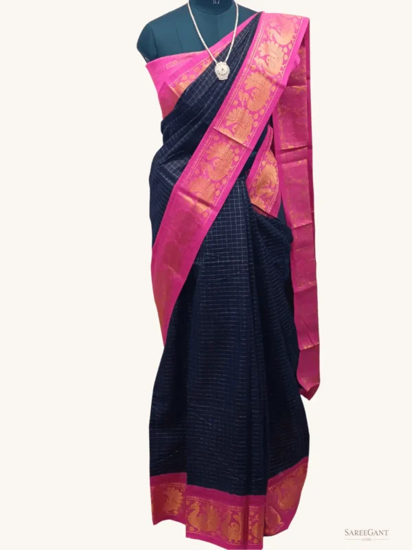 Zari Check Contrast Border Sungudi cotton sarees dark navyblue-pink colour