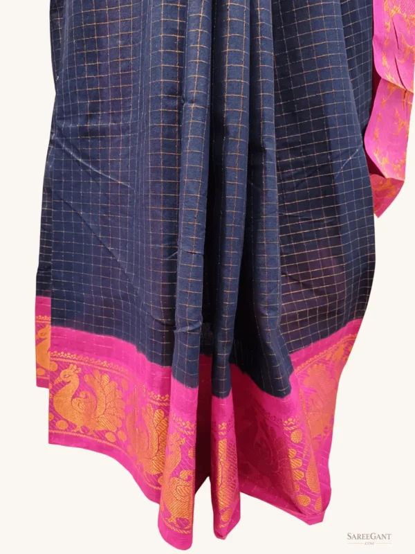Zari Check Contrast Border Sungudi cotton sarees dark navyblue-pink colour