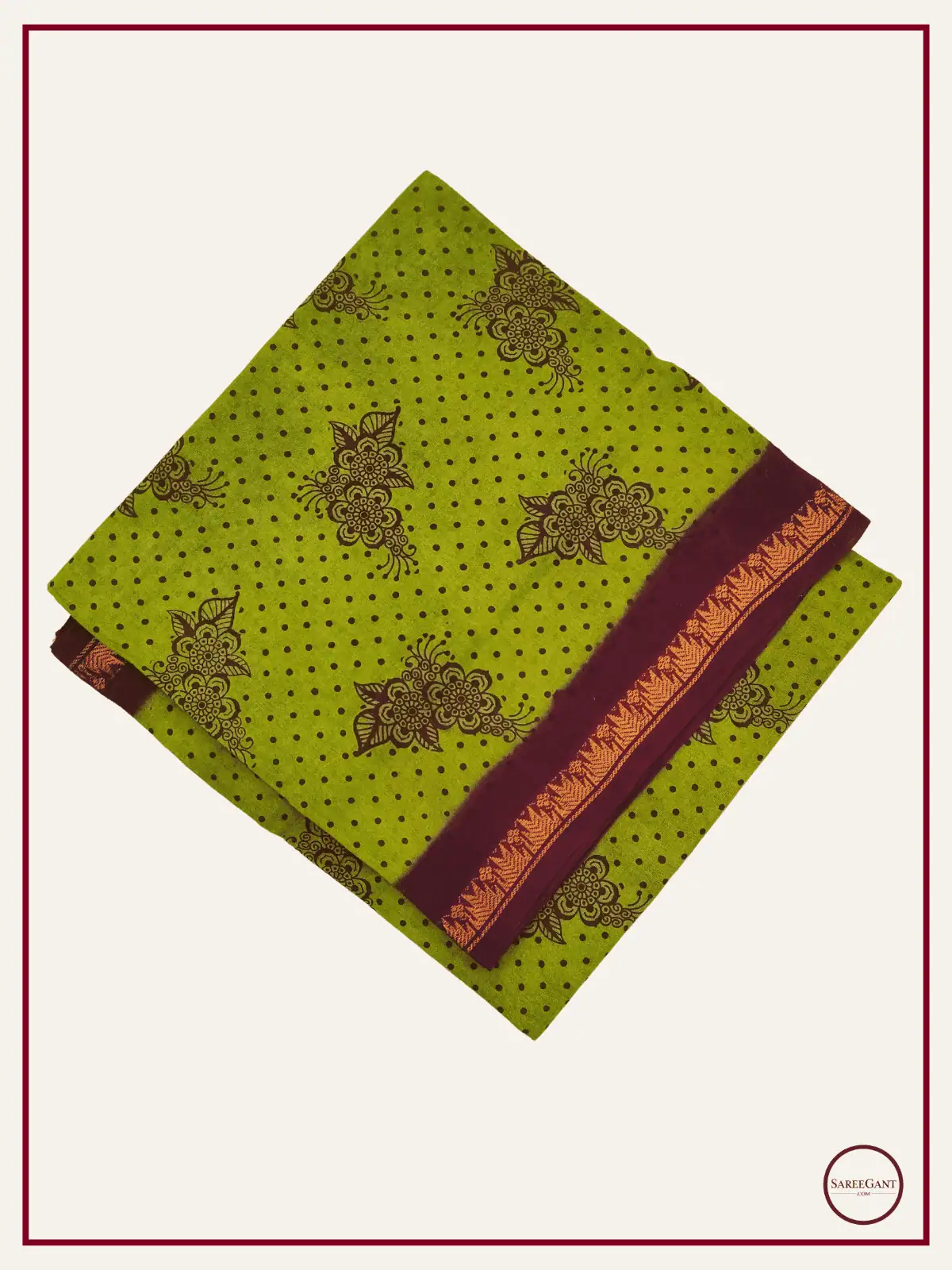Floral Daily Wear Cotton Sarees Sungudi KT With Two Side Small Zari Border-green-maroon
