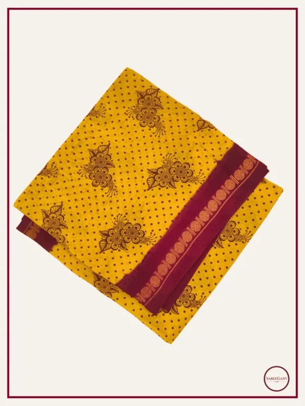 Floral Daily Wear Cotton Sarees Sungudi KT With Two Side Small Zari Border-mustard -maroon