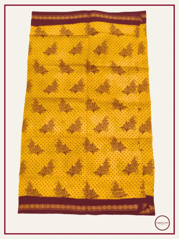 Floral Daily Wear Cotton Sarees Sungudi KT With Two Side Small Zari Border-mustard -maroon
