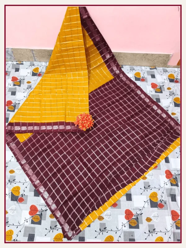 Pavithra Zarikattam Contrast Sungudi Cotton Sarees with Running Blouse mustard-maroon